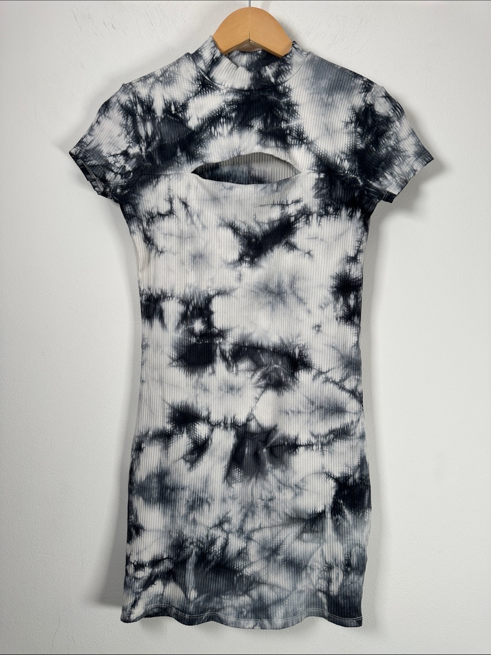 Garage Monochrome Tie-Dye Ribbed Mini Dress S Front Cutout Mock Neck Bodycon Y2K